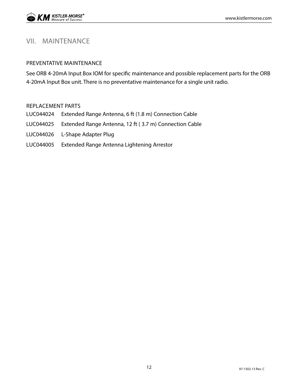 Vii. maintenance | Kistler-Morse KM InvisiLink User Manual | Page 16 / 20