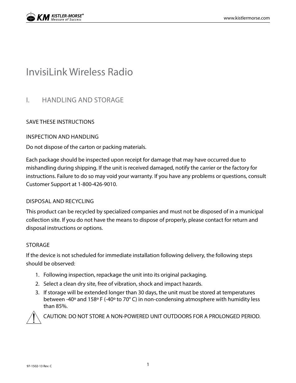 Invisilink wireless radio, I. handling and storage | Kistler-Morse KM InvisiLink User Manual | Page 5 / 20