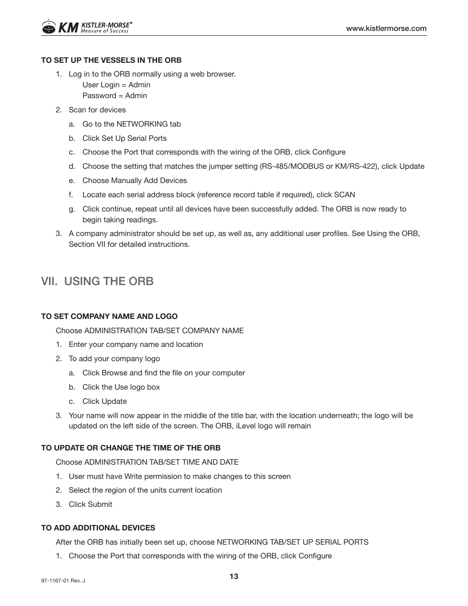 Vii. using the orb | Kistler-Morse KM ORB User Manual | Page 17 / 24