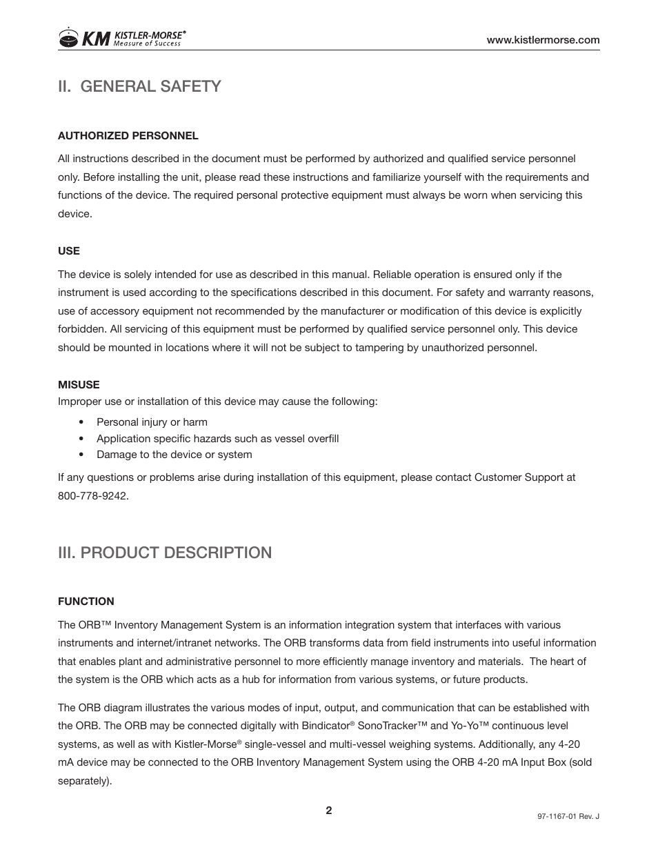 Ii. general safety, Iii. product description | Kistler-Morse KM ORB User Manual | Page 6 / 24