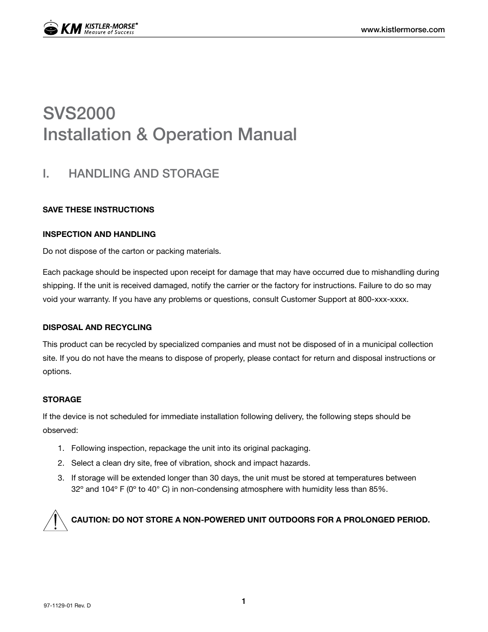 Svs2000 installation & operation manual, I. handling and storage | Kistler-Morse KM SVS2000 User Manual | Page 5 / 89