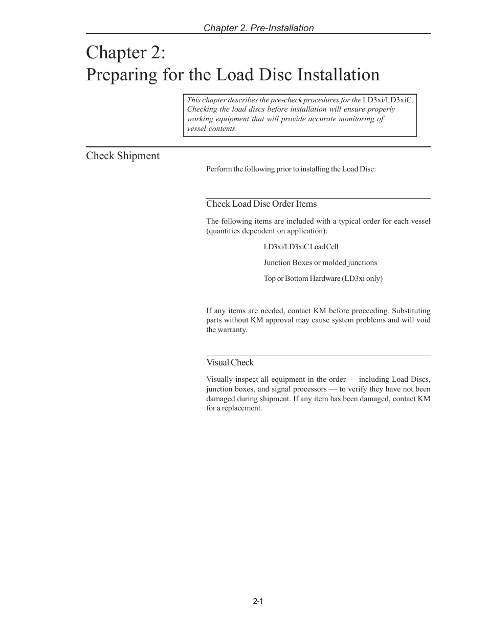 Chapter 2, Preparing for the load disc installation | Kistler-Morse KM LD3xi Load Cell User Manual | Page 11 / 57