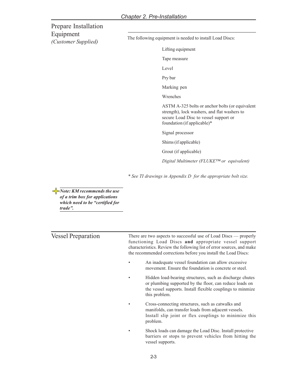 Prepare installation equipment, Vessel preparation | Kistler-Morse KM LD3xi Load Cell User Manual | Page 13 / 57