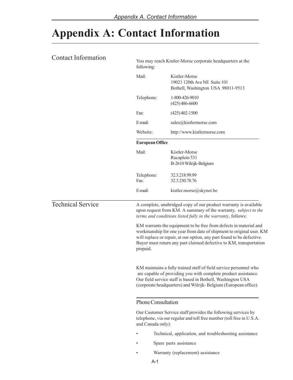 Appendix a: contact information, Contact information, Technical service | Kistler-Morse KM LD3xi Load Cell User Manual | Page 27 / 57