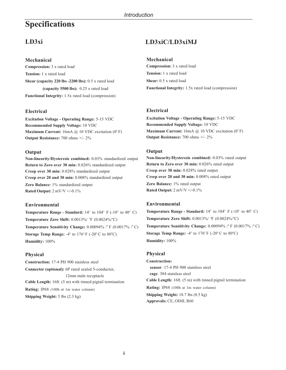Specifications, Ld3xi, Ld3xic/ld3ximj | Introduction, Mechanical, Electrical, Output, Environmental, Physical | Kistler-Morse KM LD3xi Load Cell User Manual | Page 6 / 57