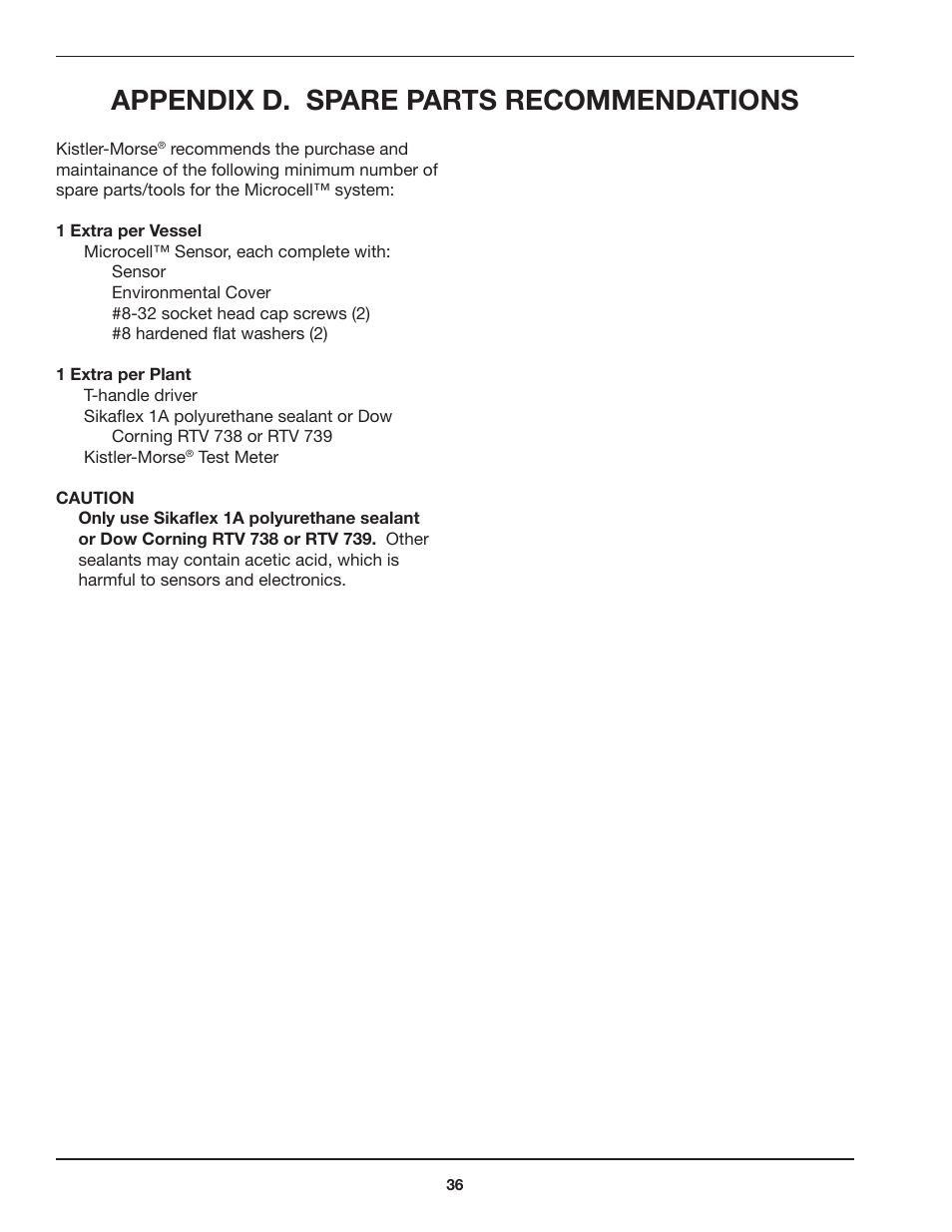 Appendix d. spare parts recommendations | Kistler-Morse KM Microcell Bolt-On User Manual | Page 40 / 44