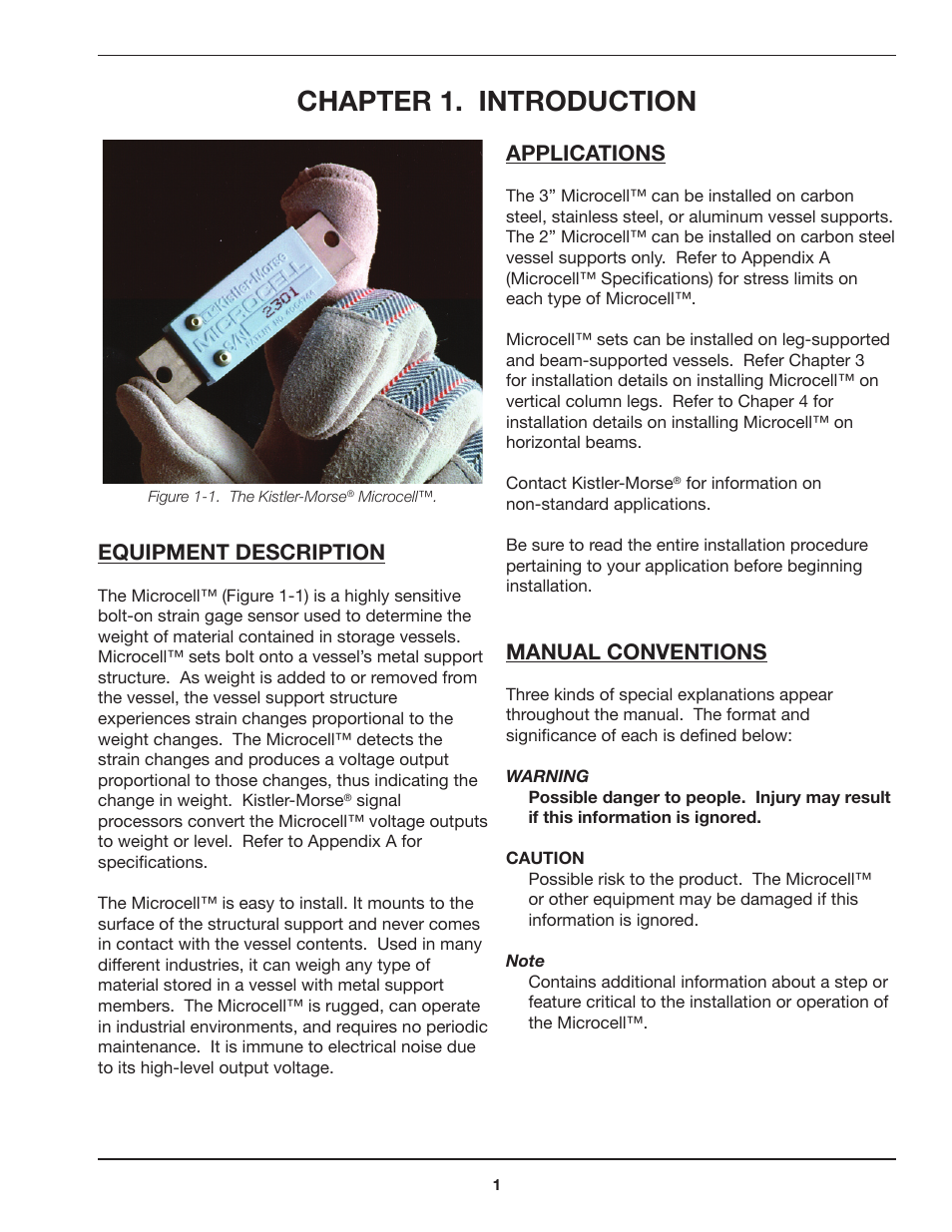 Chapter 1. introduction, Equipment description, Applications | Manual conventions | Kistler-Morse KM Microcell Bolt-On User Manual | Page 5 / 44