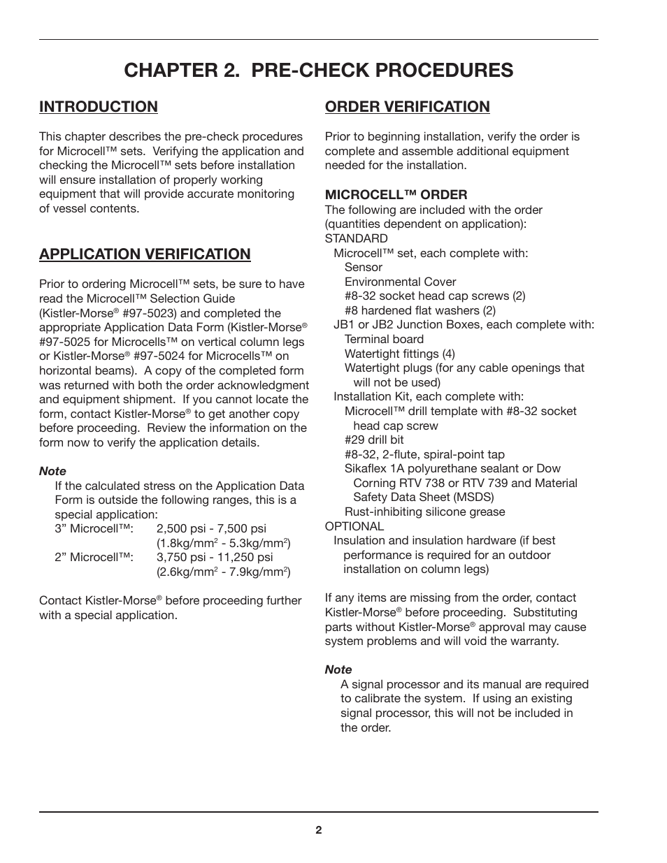 Chapter 2. pre-check procedures, Introduction, Application verification | Order verification | Kistler-Morse KM Microcell Bolt-On User Manual | Page 6 / 44
