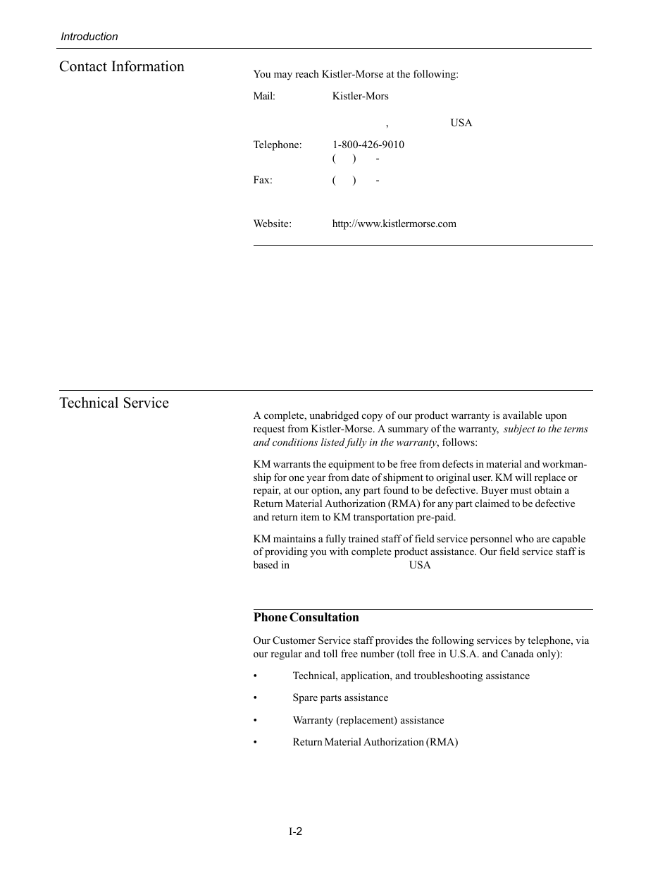 Contact information, Technical service | Kistler-Morse KM L-Cell Bolt-On User Manual | Page 6 / 98