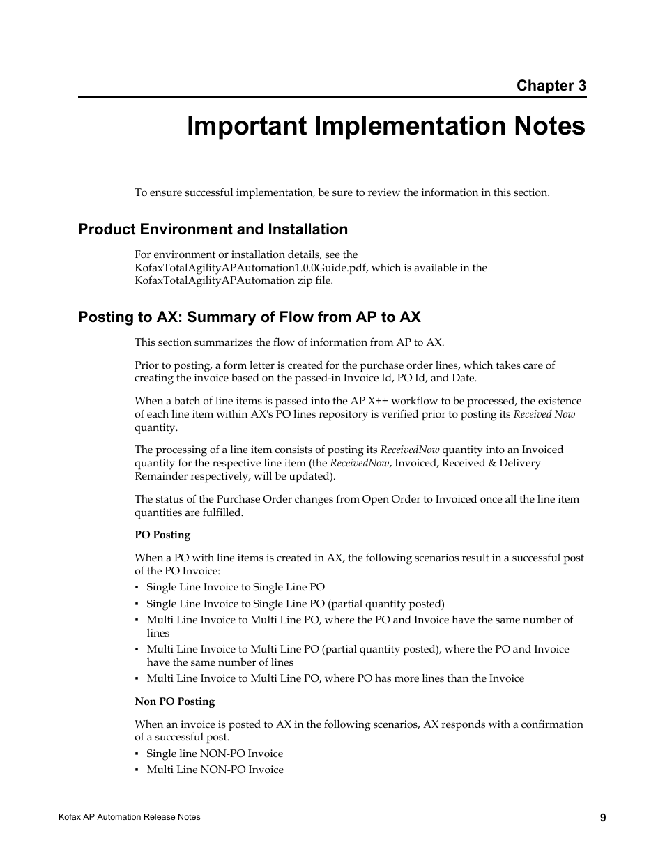Important implementation notes, Product environment and installation, Posting to ax: summary of flow from ap to ax | Chapter 3 | Kofax AP Automation User Manual | Page 9 / 12