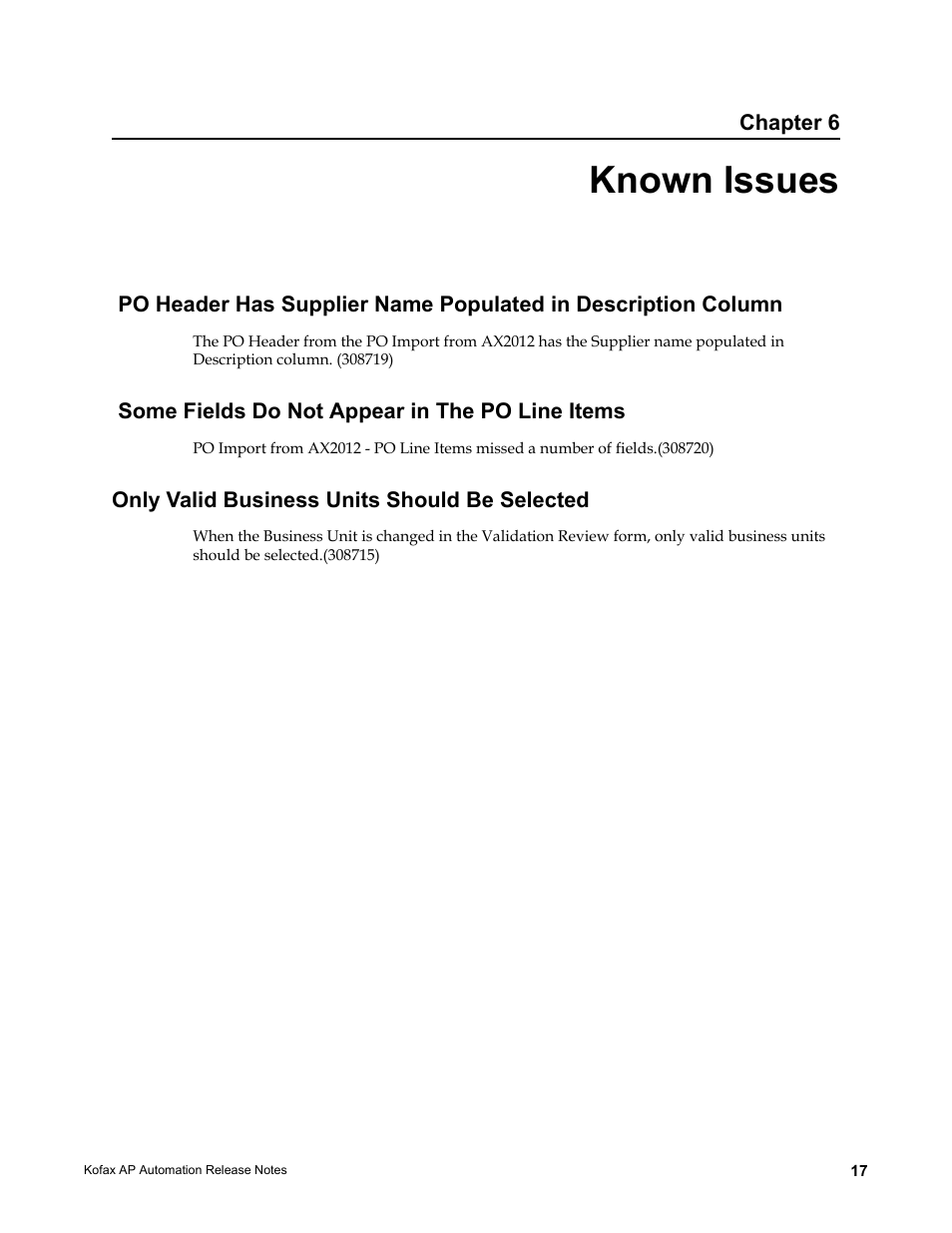 Known issues, Some fields do not appear in the po line items, Only valid business units should be selected | Kofax AP Automation User Manual | Page 17 / 18