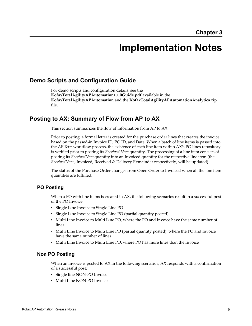 Implementation notes, Demo scripts and configuration guide, Posting to ax: summary of flow from ap to ax | Po posting, Non po posting, Po posting non po posting, Chapter 3 | Kofax AP Automation User Manual | Page 9 / 18