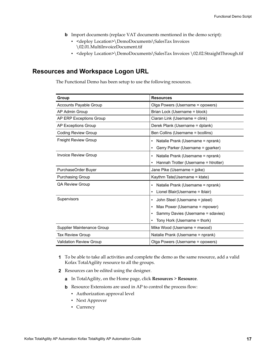 Resources and workspace logon url | Kofax TotalAgility AP Automation User Manual | Page 17 / 43