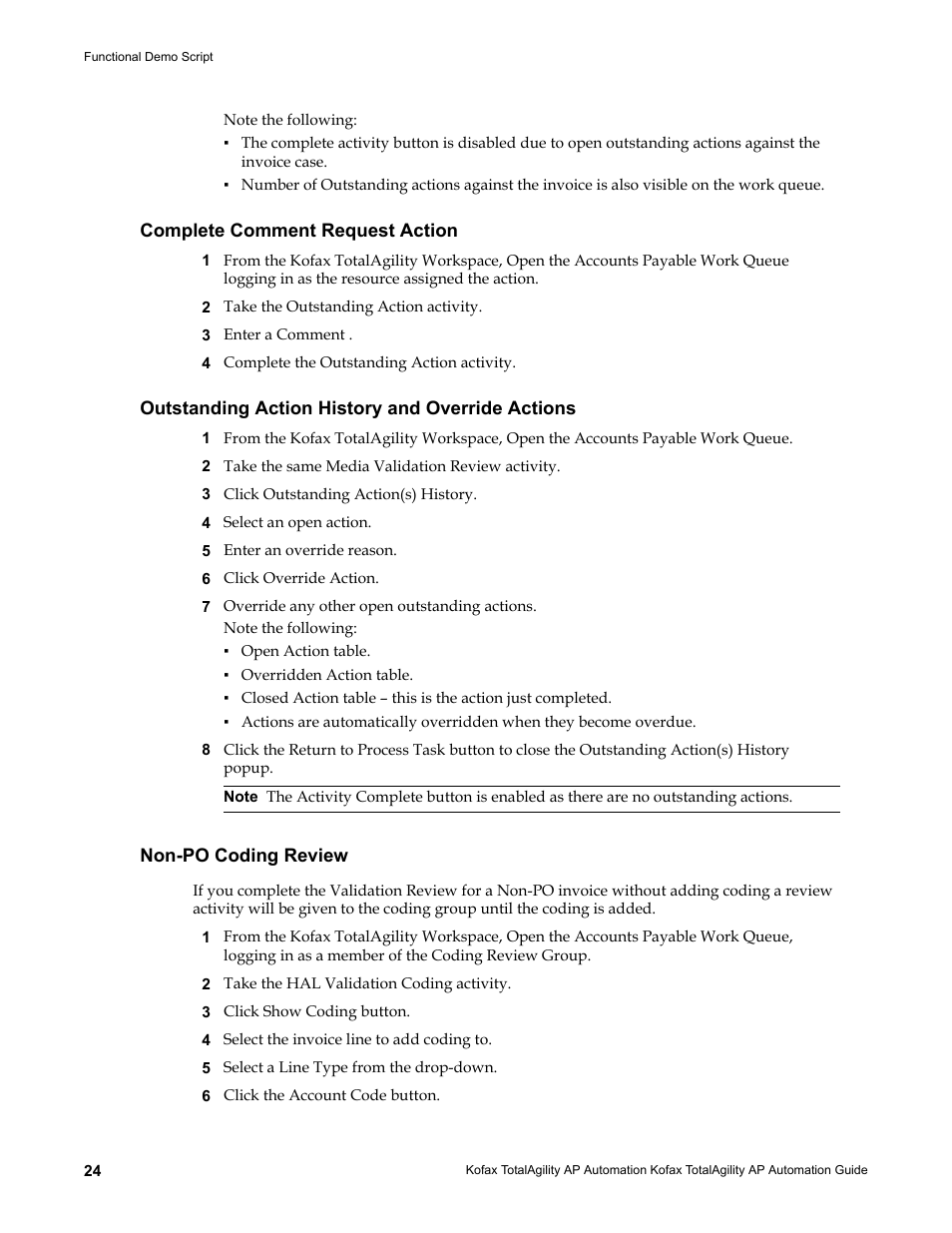 Complete comment request action, Outstanding action history and override actions, Non-po coding review | Kofax TotalAgility AP Automation User Manual | Page 24 / 43