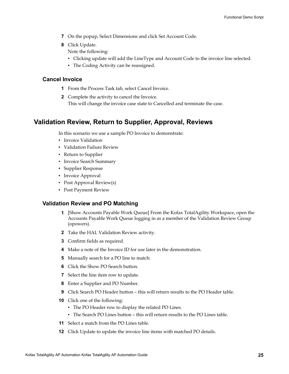 Cancel invoice, Validation review and po matching | Kofax TotalAgility AP Automation User Manual | Page 25 / 43