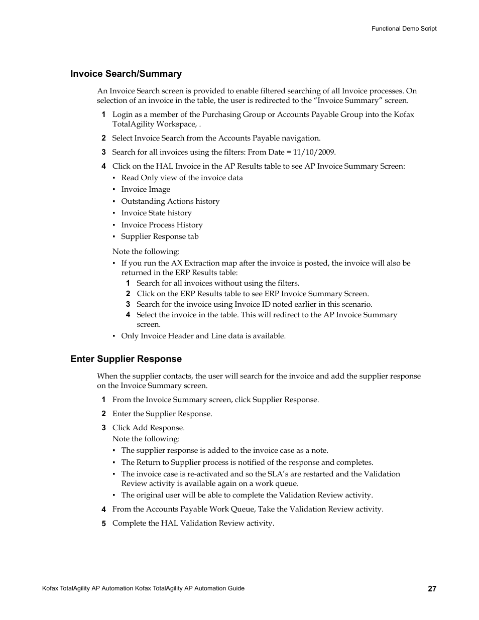 Invoice search/summary, Enter supplier response, Invoice search/summary enter supplier response | Kofax TotalAgility AP Automation User Manual | Page 27 / 43