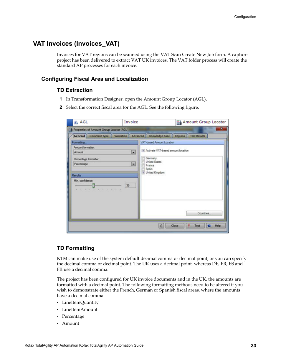 Vat invoices (invoices_vat), Configuring fiscal area and localization, Td extraction | Td formatting | Kofax TotalAgility AP Automation User Manual | Page 33 / 43