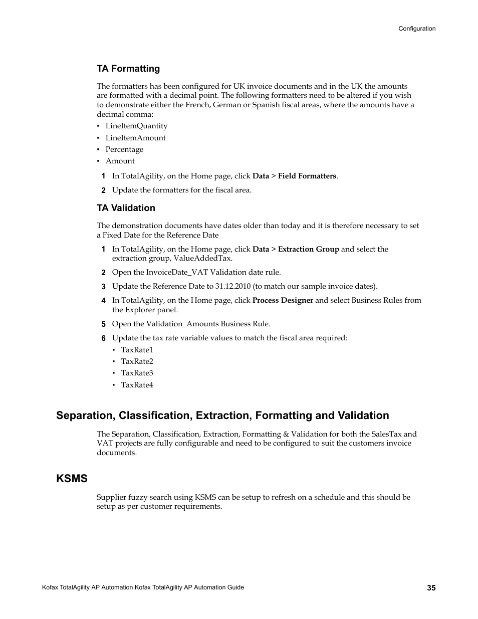 Ta formatting, Ta validation, Ksms | Kofax TotalAgility AP Automation User Manual | Page 35 / 43