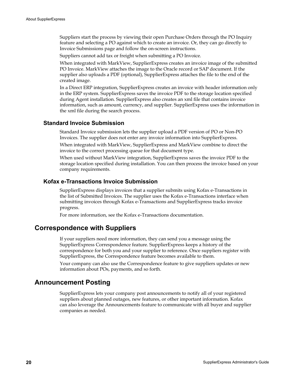 Standard invoice submission, Kofax e-transactions invoice submission, Correspondence with suppliers | Announcement posting | Kofax SupplierExpress User Manual | Page 20 / 80