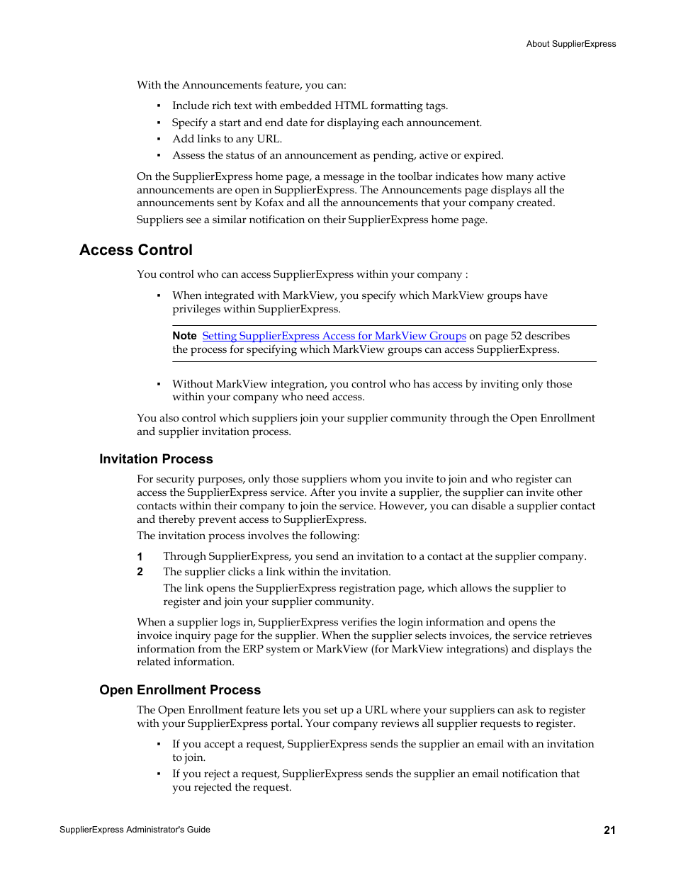 Access control, Invitation process, Open enrollment process | Kofax SupplierExpress User Manual | Page 21 / 80