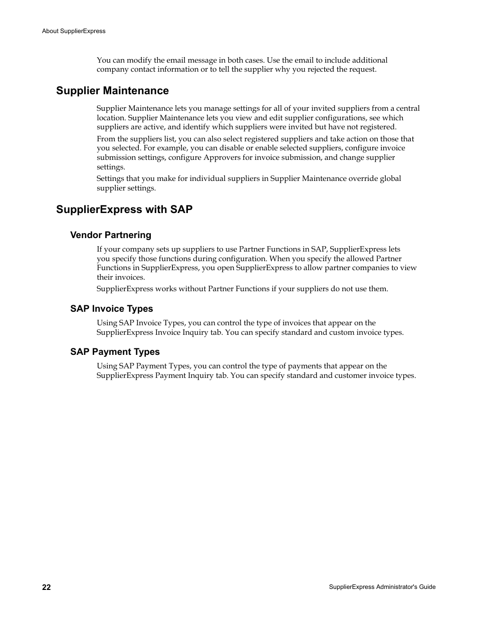 Supplier maintenance, Supplierexpress with sap, Vendor partnering | Sap invoice types, Sap payment types | Kofax SupplierExpress User Manual | Page 22 / 80