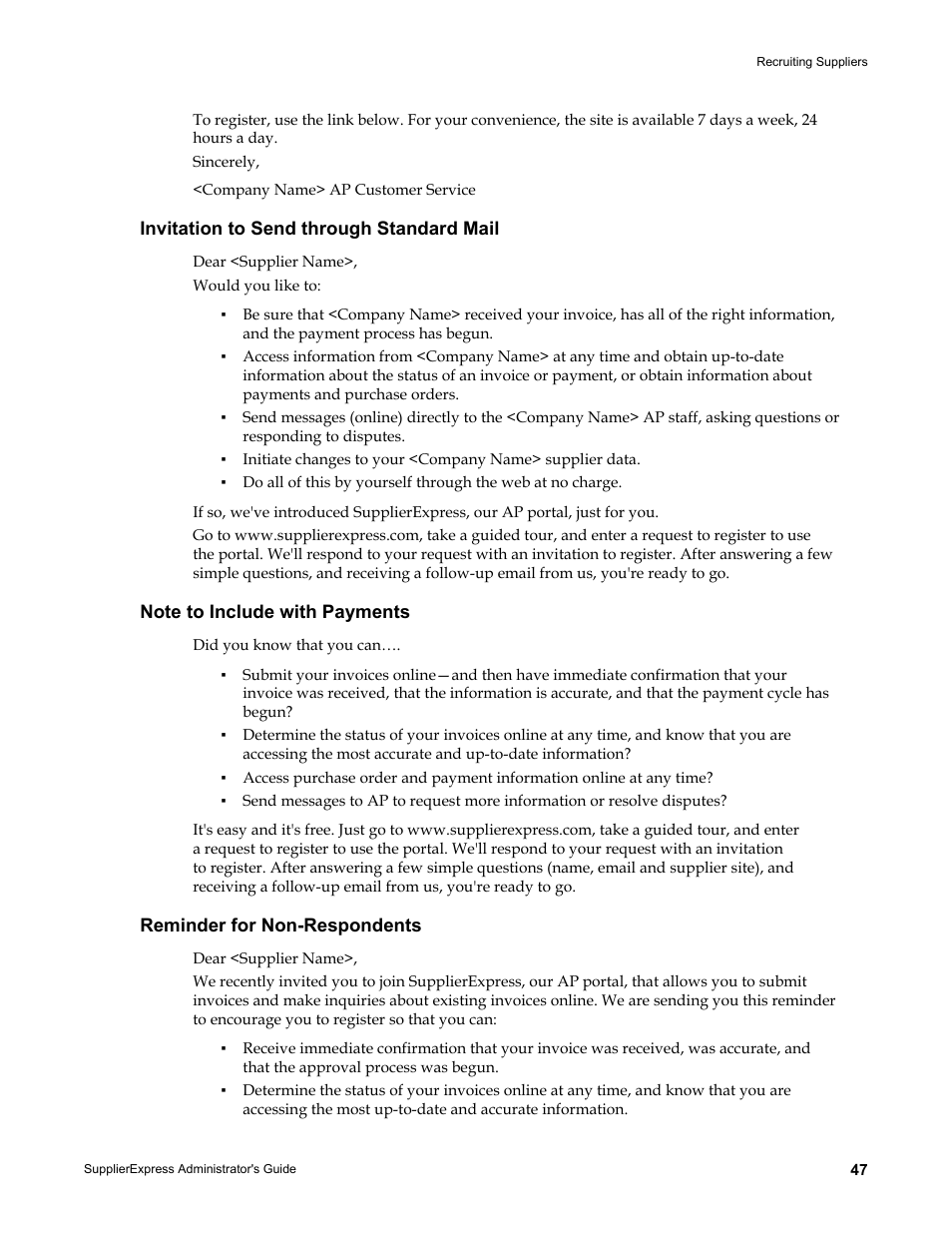 Invitation to send through standard mail, Note to include with payments, Reminder for non-respondents | Kofax SupplierExpress User Manual | Page 47 / 80