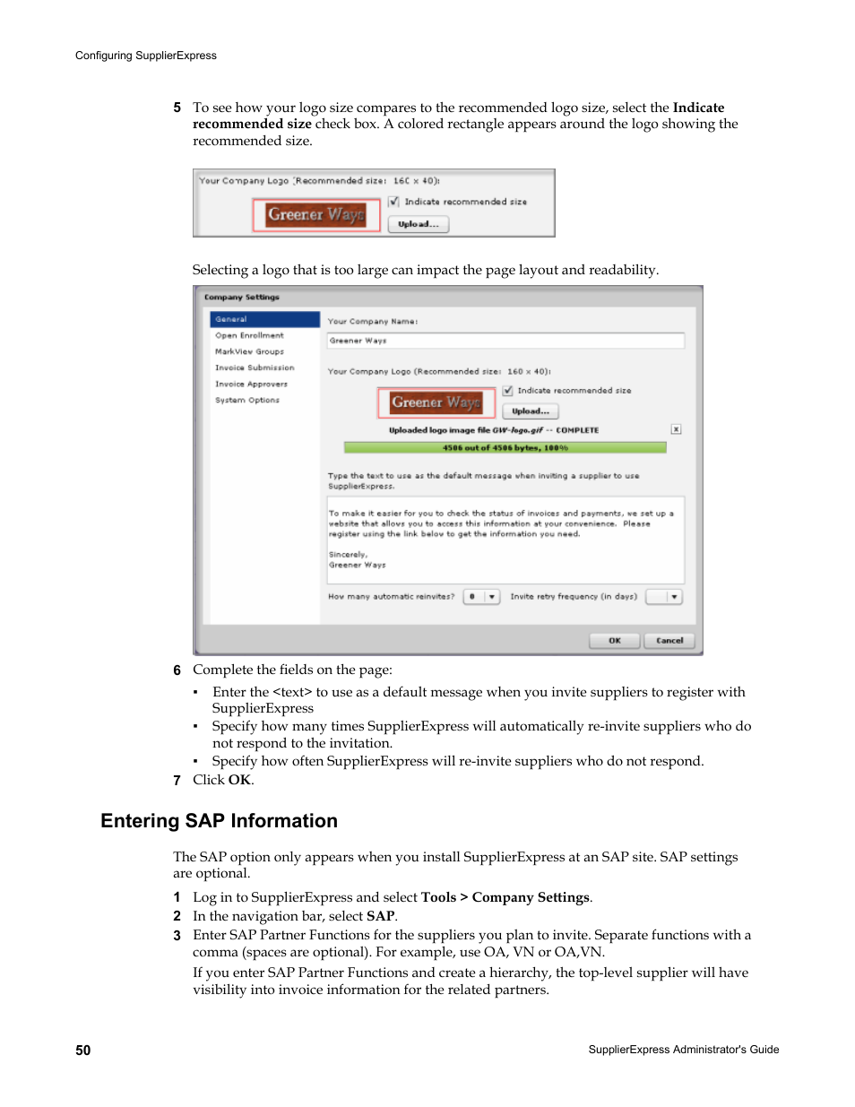 Entering sap information | Kofax SupplierExpress User Manual | Page 50 / 80