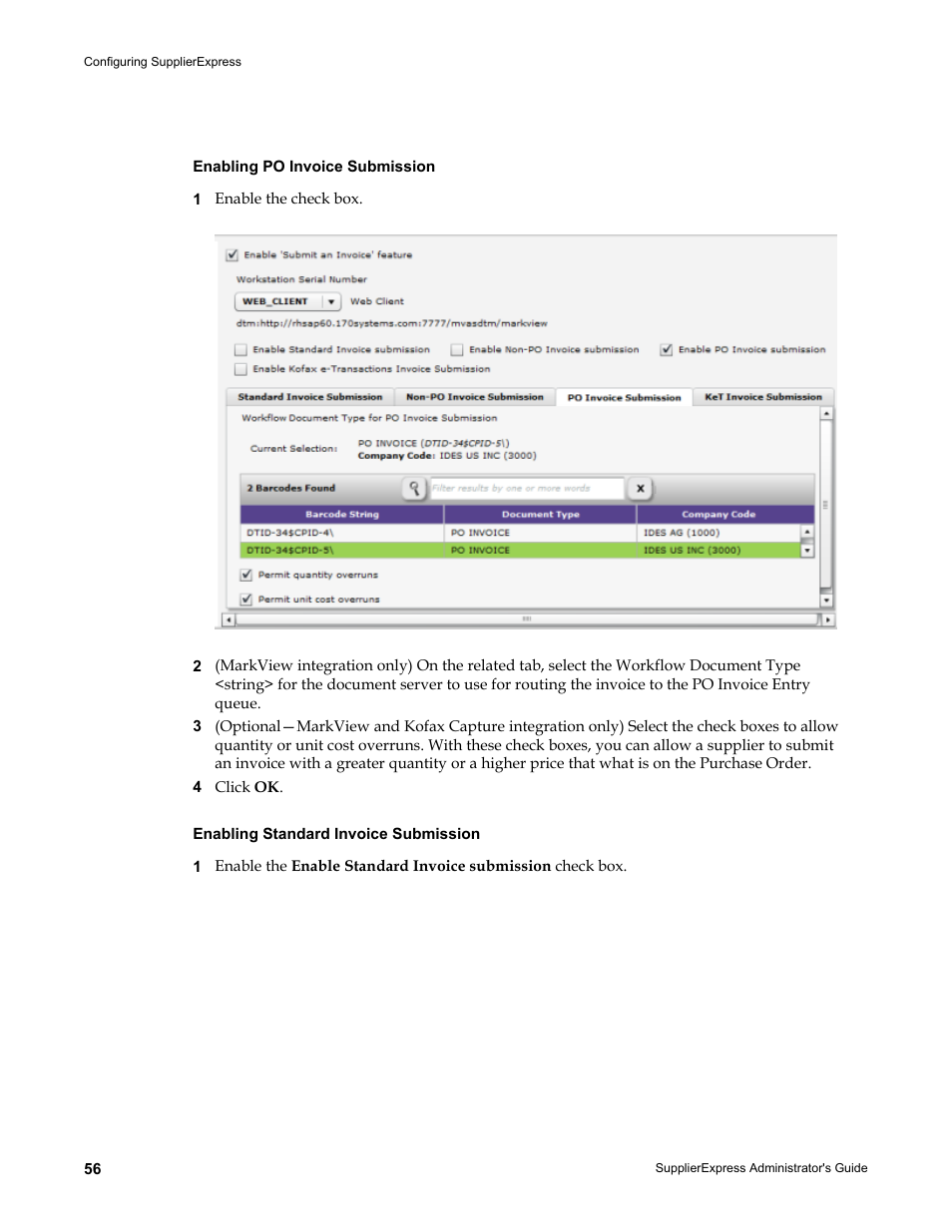 Enabling po invoice submission, Enabling standard invoice submission | Kofax SupplierExpress User Manual | Page 56 / 80