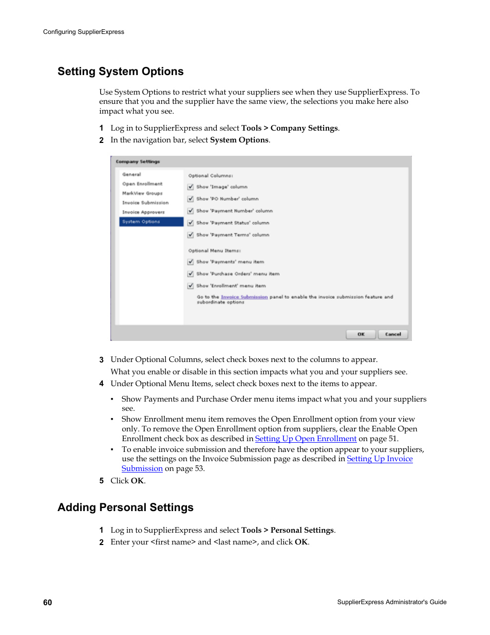 Setting system options, Adding personal settings | Kofax SupplierExpress User Manual | Page 60 / 80