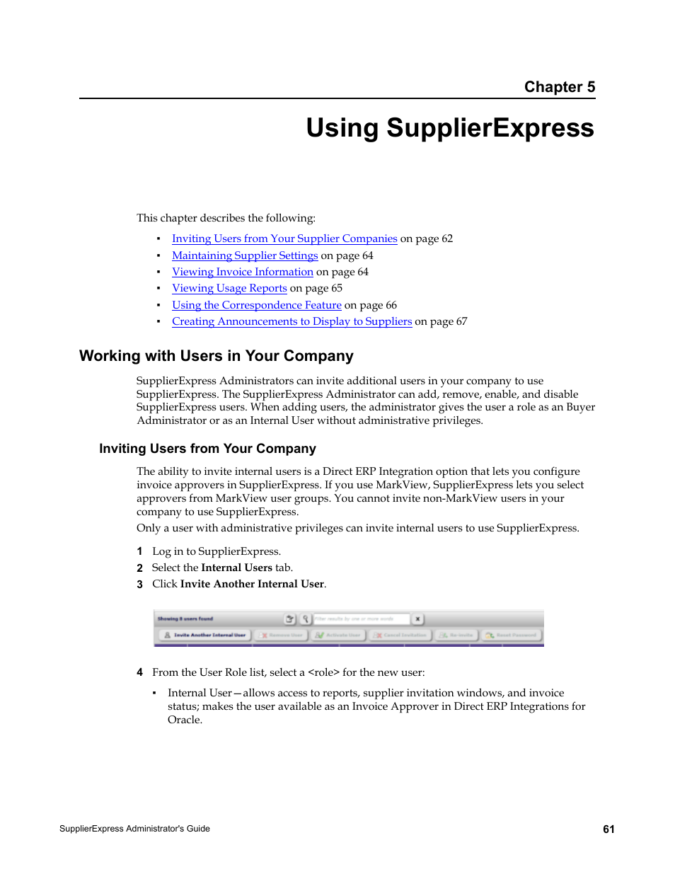Using supplierexpress, Working with users in your company, Inviting users from your company | Chapter 5 | Kofax SupplierExpress User Manual | Page 61 / 80