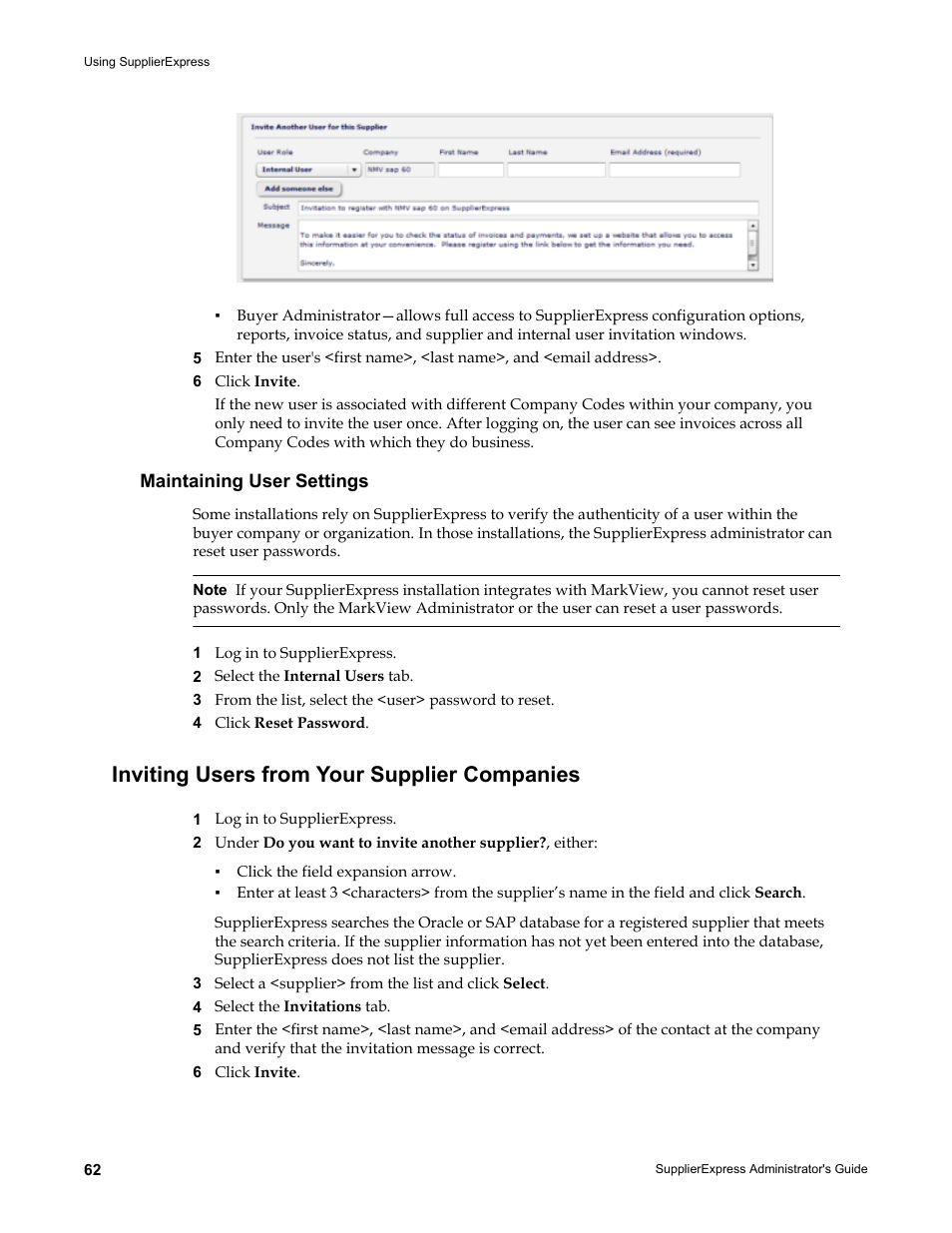 Maintaining user settings, Inviting users from your supplier companies | Kofax SupplierExpress User Manual | Page 62 / 80