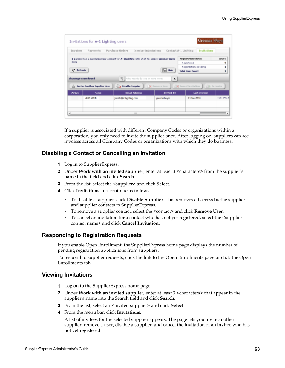 Disabling a contact or cancelling an invitation, Responding to registration requests, Viewing invitations | Kofax SupplierExpress User Manual | Page 63 / 80