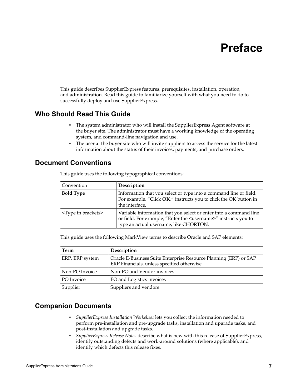 Preface, Who should read this guide, Document conventions | Companion documents | Kofax SupplierExpress User Manual | Page 7 / 80