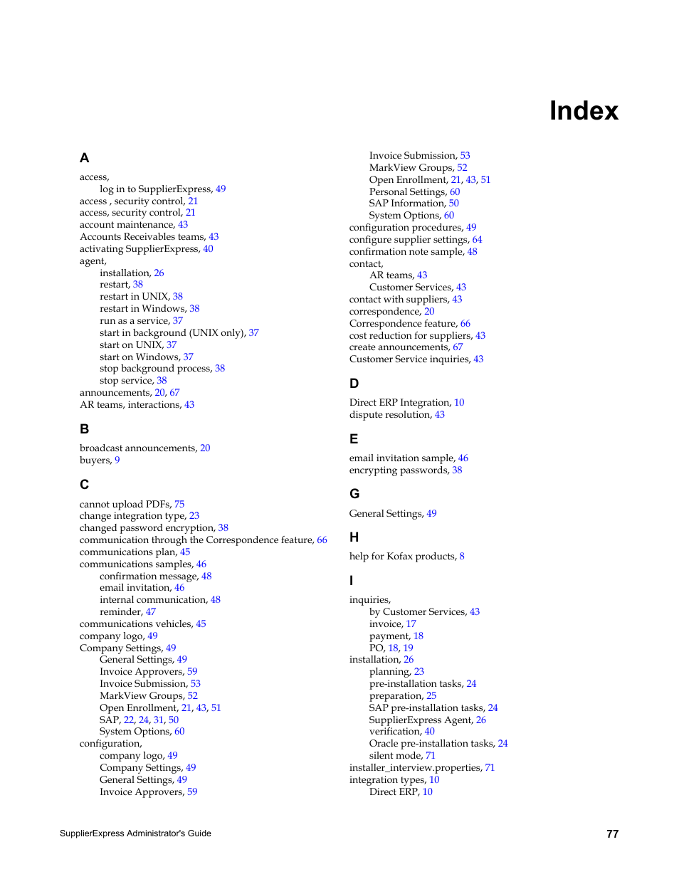 Index | Kofax SupplierExpress User Manual | Page 77 / 80