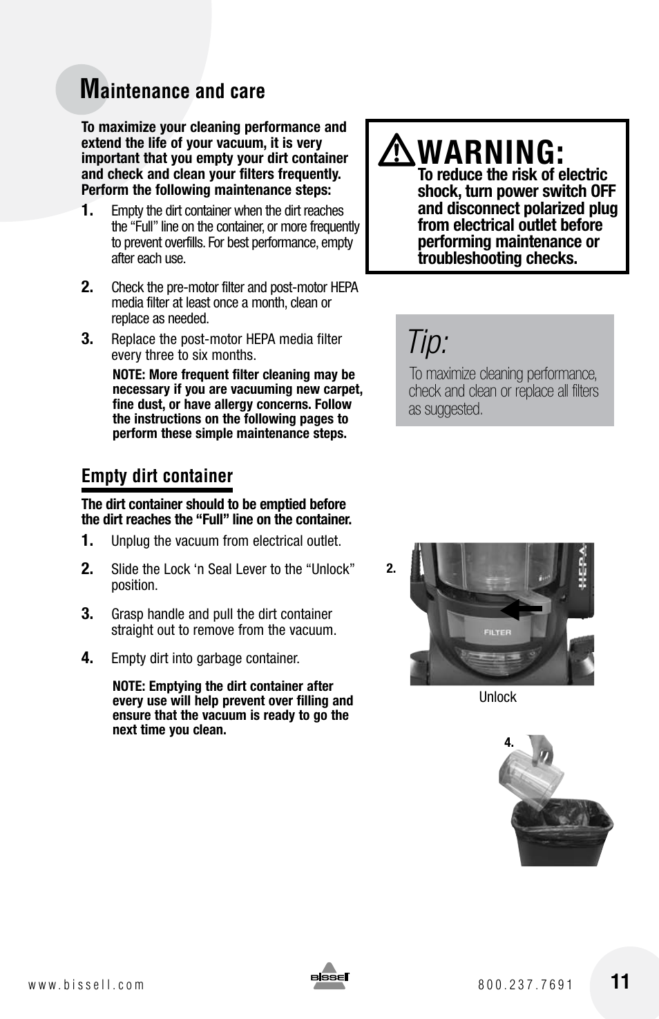 Warning, Aintenance and care | Bissell 4104SERIES User Manual | Page 11 / 20