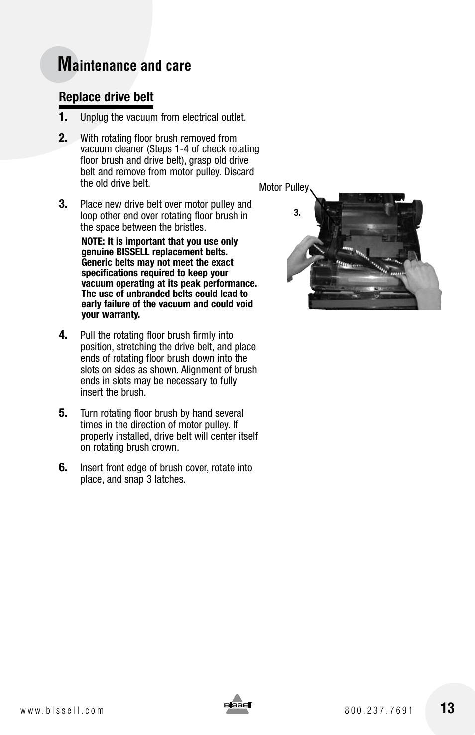 Aintenance and care, Replace drive belt | Bissell 4104SERIES User Manual | Page 13 / 20