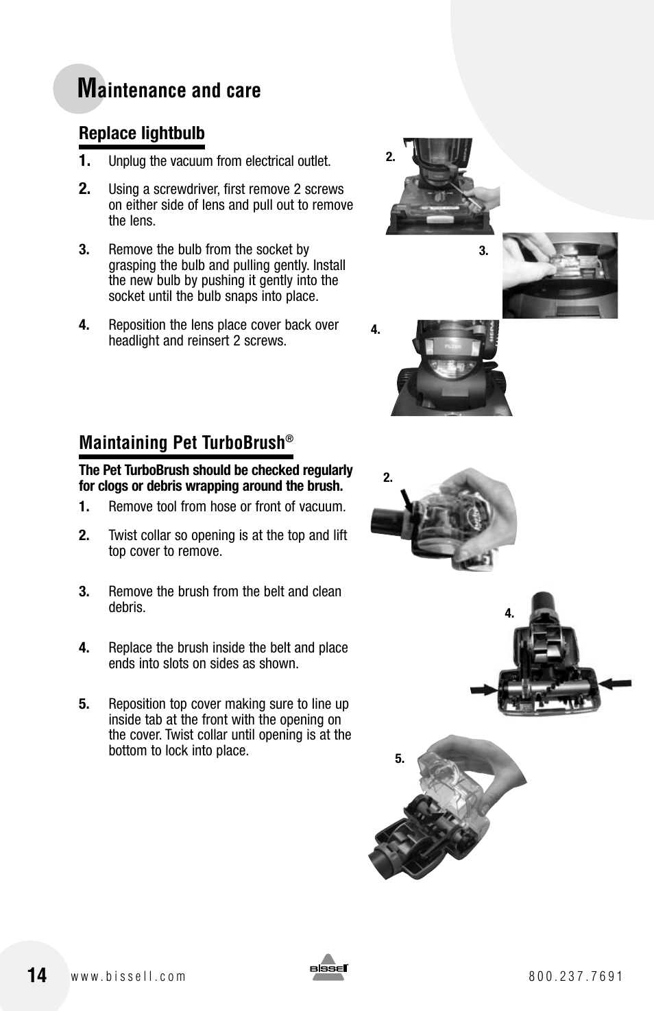 Aintenance and care, Replace lightbulb, Maintaining pet turbobrush | Bissell 4104SERIES User Manual | Page 14 / 20
