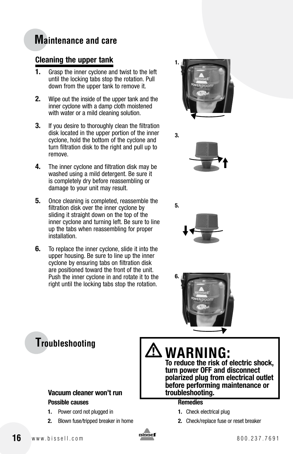 Warning, Roubleshooting, Aintenance and care | Bissell 4104SERIES User Manual | Page 16 / 20