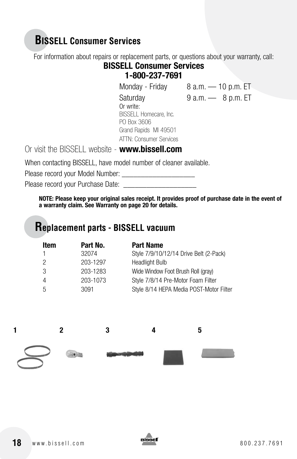 Issell consumer services, Eplacement parts - bissell vacuum | Bissell 4104SERIES User Manual | Page 18 / 20