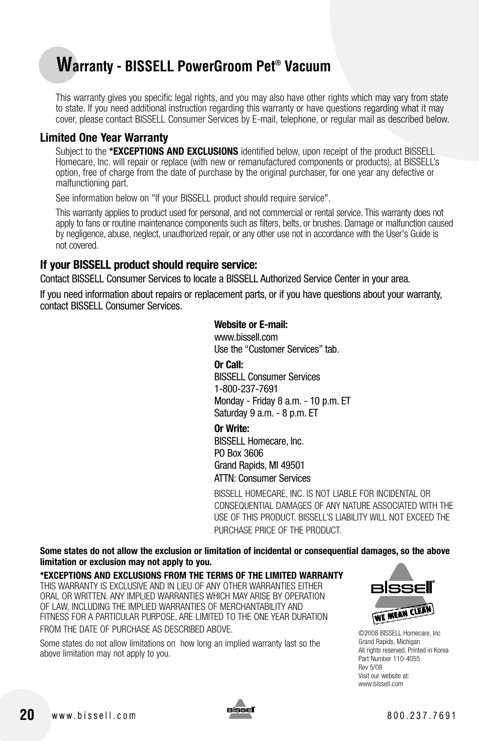 Arranty - bissell powergroom pet, Vacuum | Bissell 4104SERIES User Manual | Page 20 / 20