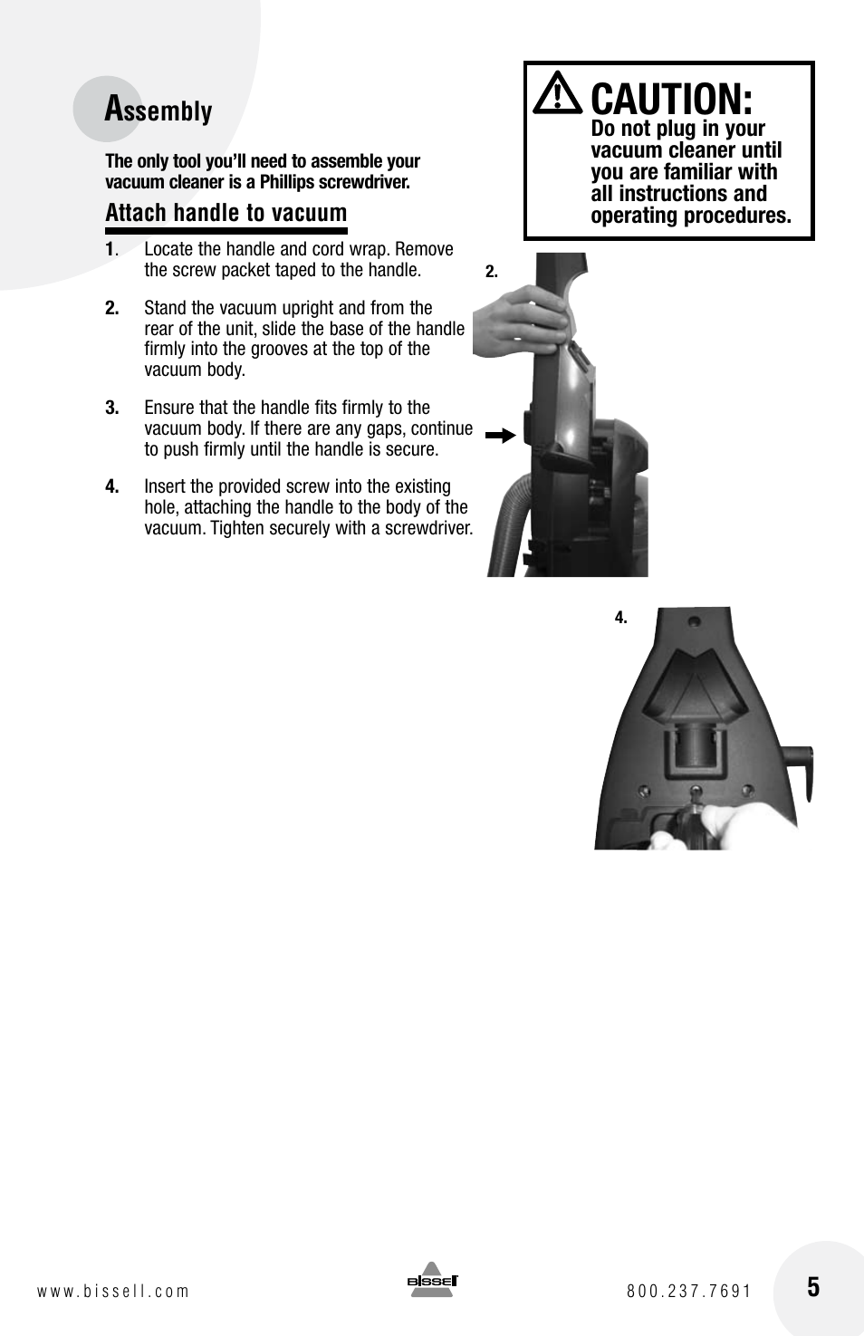 Caution, Ssembly | Bissell 4104SERIES User Manual | Page 5 / 20