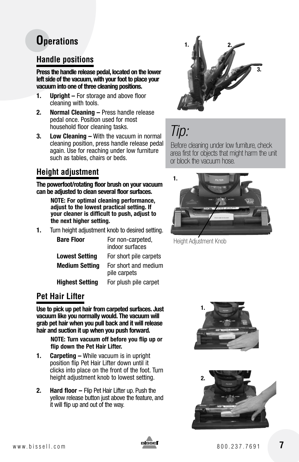 Perations 7, Handle positions, Height adjustment | Pet hair lifter | Bissell 4104SERIES User Manual | Page 7 / 20