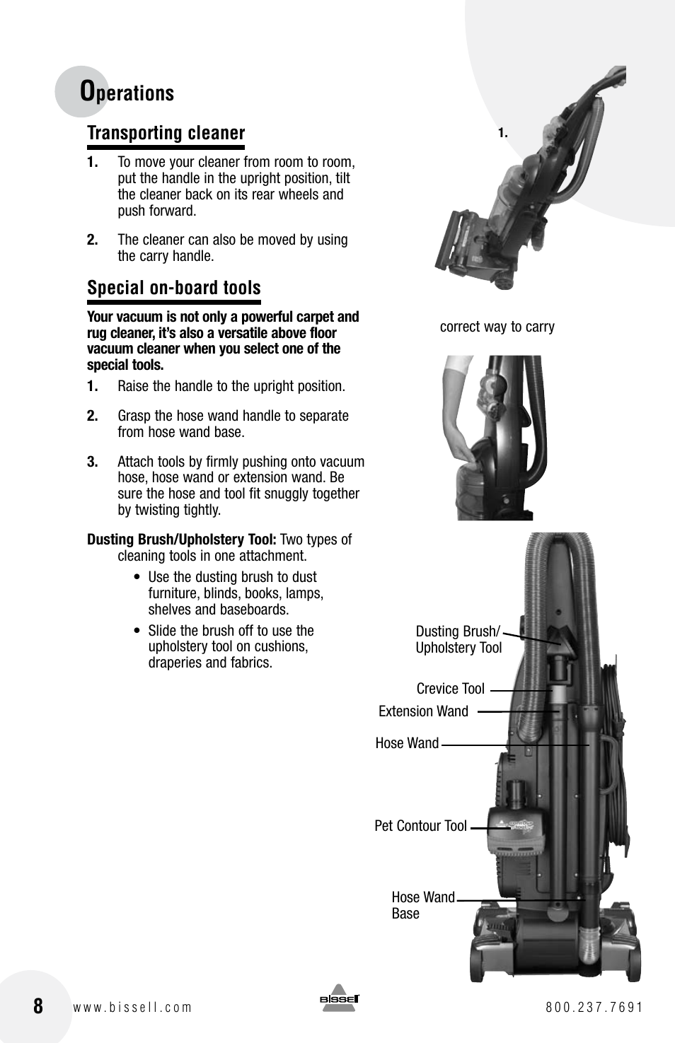 Perations, Transporting cleaner, Special on-board tools | Bissell 4104SERIES User Manual | Page 8 / 20