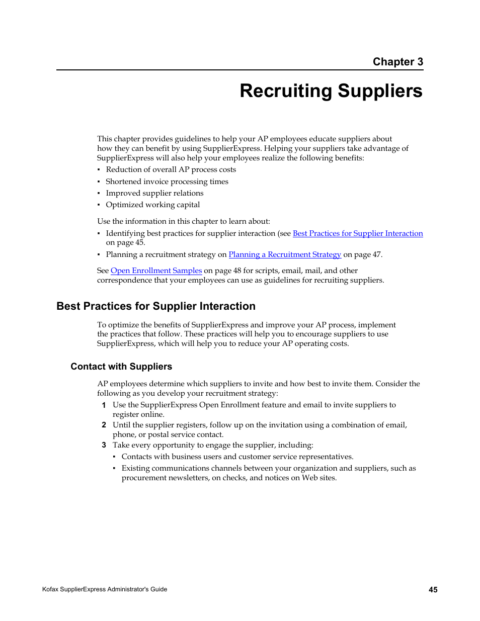 Recruiting suppliers, Best practices for supplier interaction, Contact with suppliers | Chapter 3 | Kofax SupplierExpress User Manual | Page 45 / 94