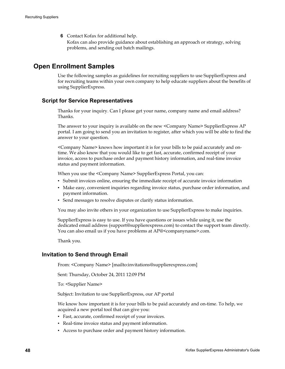 Open enrollment samples, Script for service representatives, Invitation to send through email | Kofax SupplierExpress User Manual | Page 48 / 94