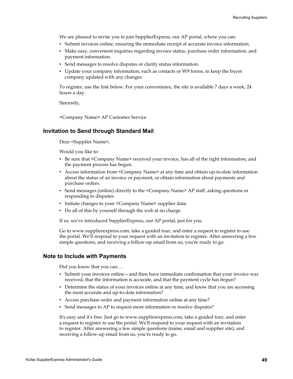 Invitation to send through standard mail, Note to include with payments | Kofax SupplierExpress User Manual | Page 49 / 94