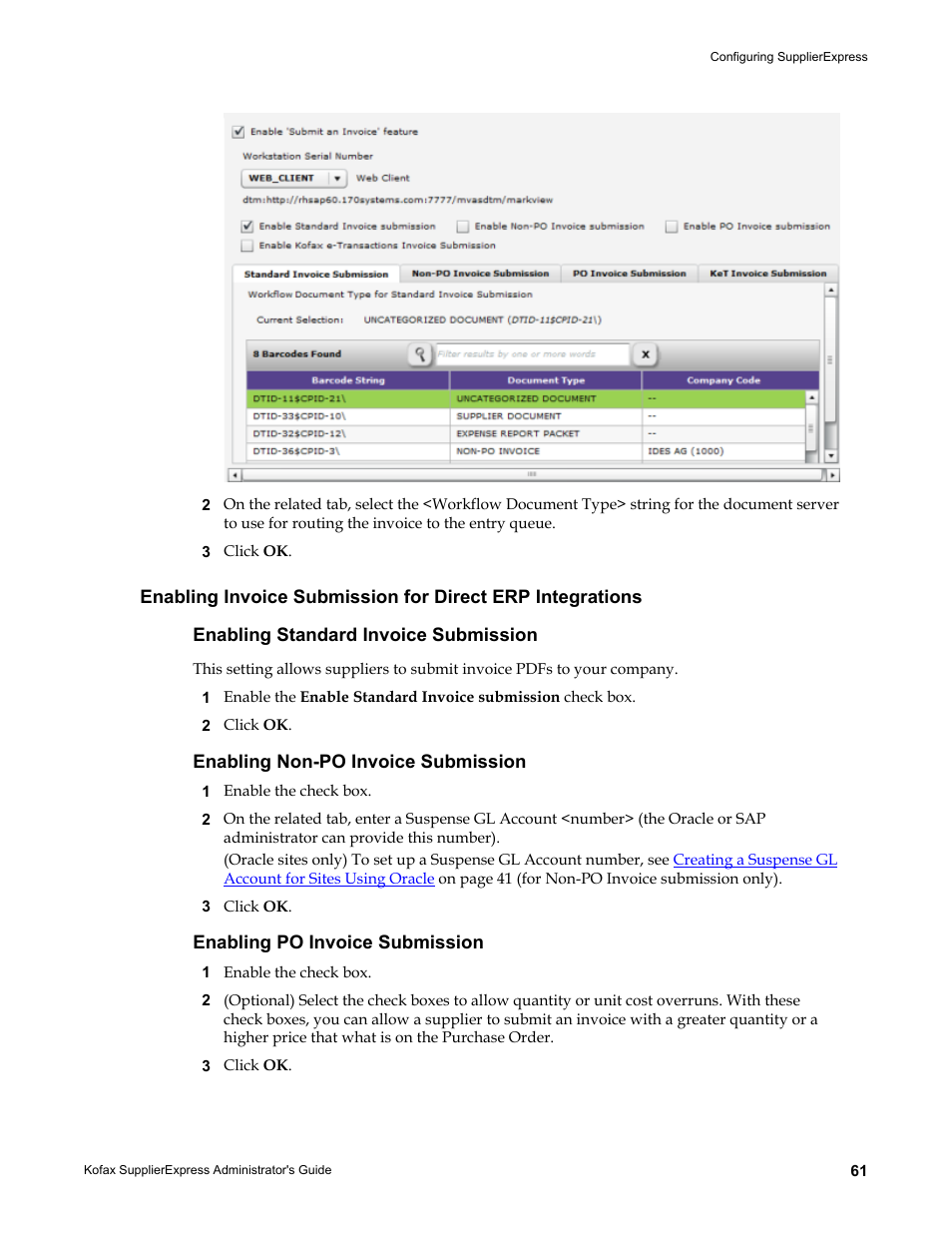 Enabling standard invoice submission, Enabling non-po invoice submission, Enabling po invoice submission | Enabling, Invoice submission for direct erp integrations | Kofax SupplierExpress User Manual | Page 61 / 94