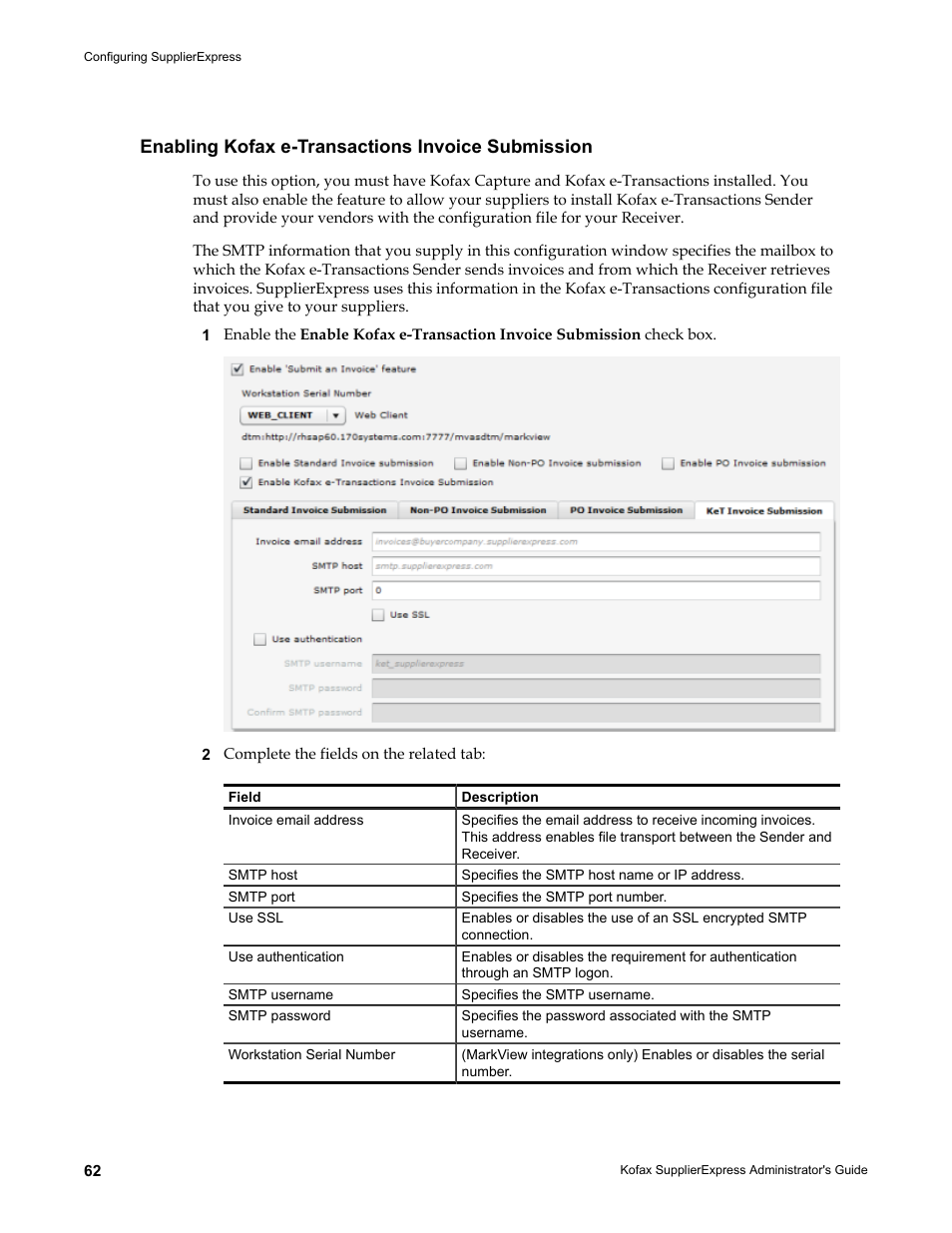 Enabling kofax e-transactions invoice submission, Enabling kofax e, Transactions invoice submission | Kofax SupplierExpress User Manual | Page 62 / 94