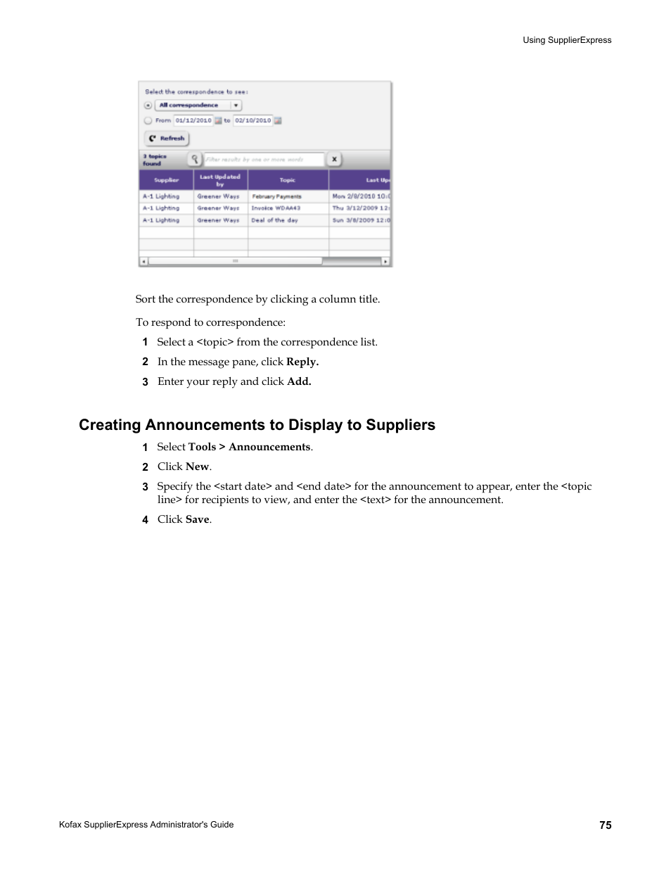 Creating announcements to display to suppliers | Kofax SupplierExpress User Manual | Page 75 / 94