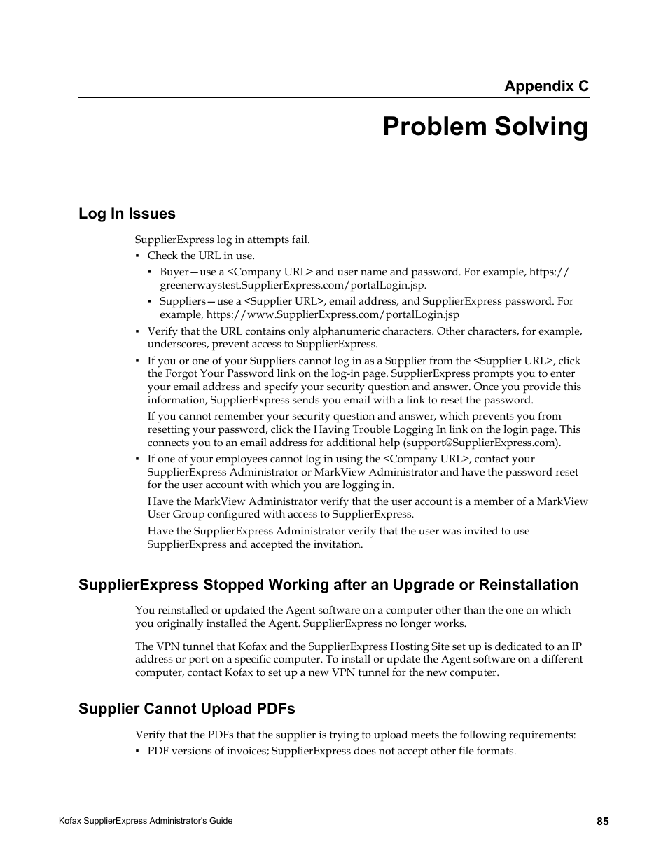 Problem solving, Log in issues, Supplier cannot upload pdfs | Appendix c | Kofax SupplierExpress User Manual | Page 85 / 94